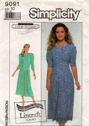 Simplicity 9091 BELLE FRANCE Womens Drop Waisted Dress with Shaped Bodice 1980s Vintage Sewing Pattern Size 10 UNCUT Factory Folded