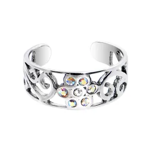 Sterling Silver 925 Aurora CZ Scroll Flower Toe Ring