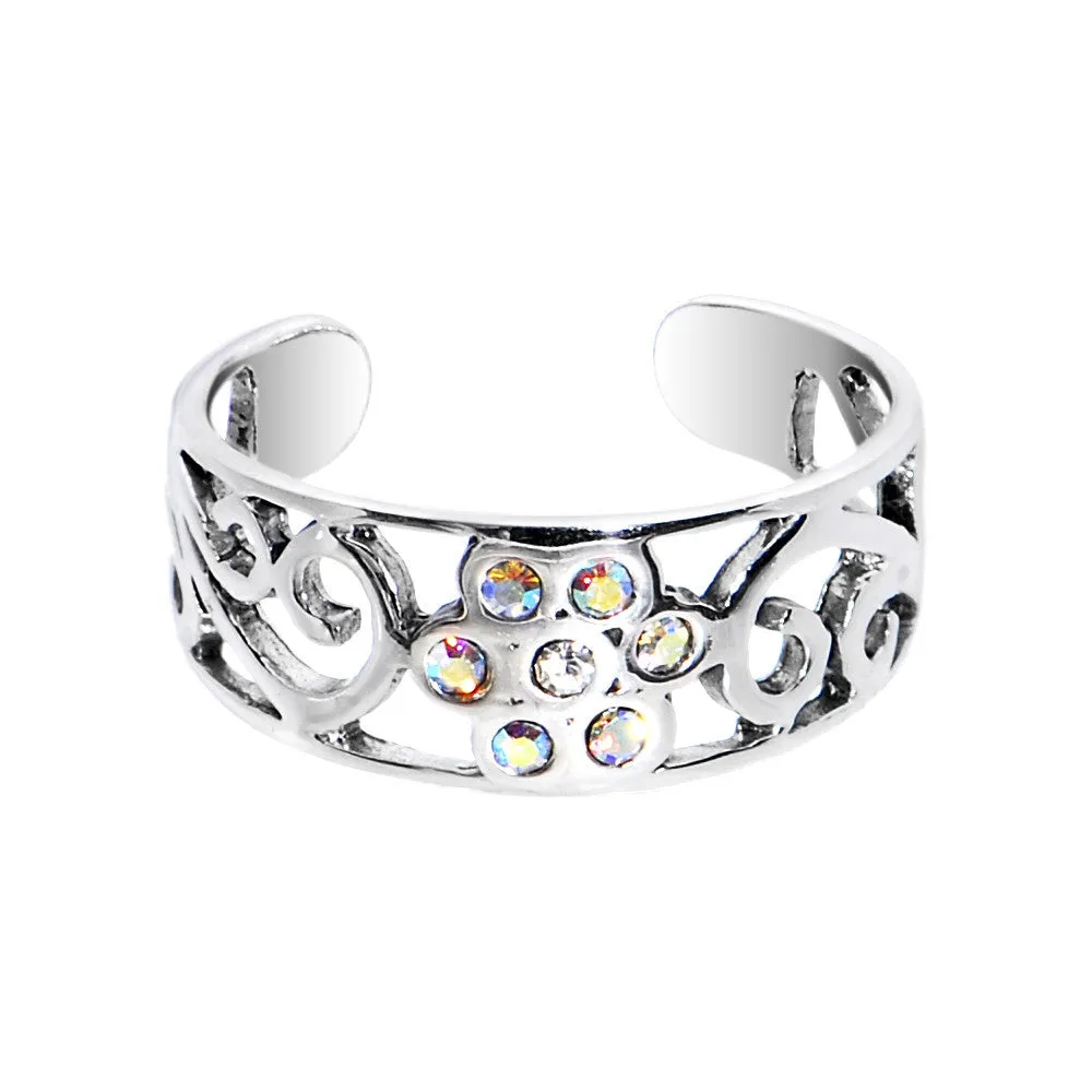 Sterling Silver 925 Aurora CZ Scroll Flower Toe Ring