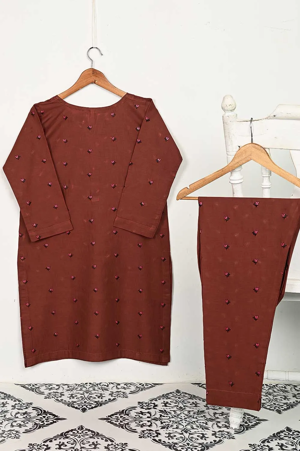 STP-143B-Rust - 2PC COTTON EMBROIDERED STITCHED