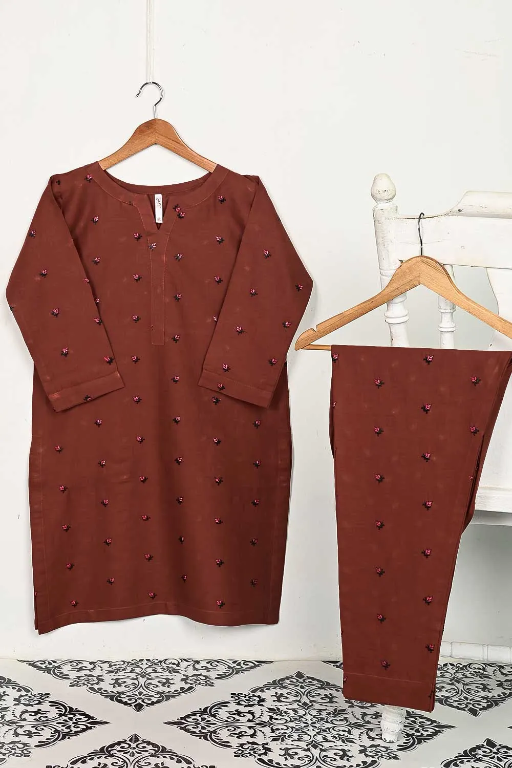 STP-143B-Rust - 2PC COTTON EMBROIDERED STITCHED