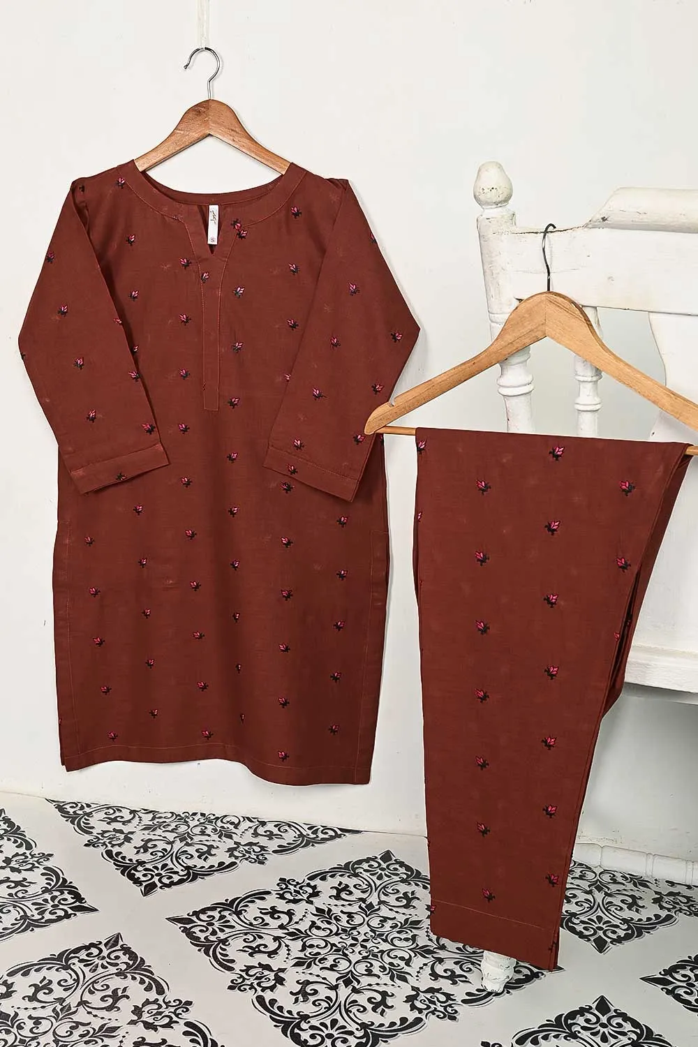 STP-143B-Rust - 2PC COTTON EMBROIDERED STITCHED