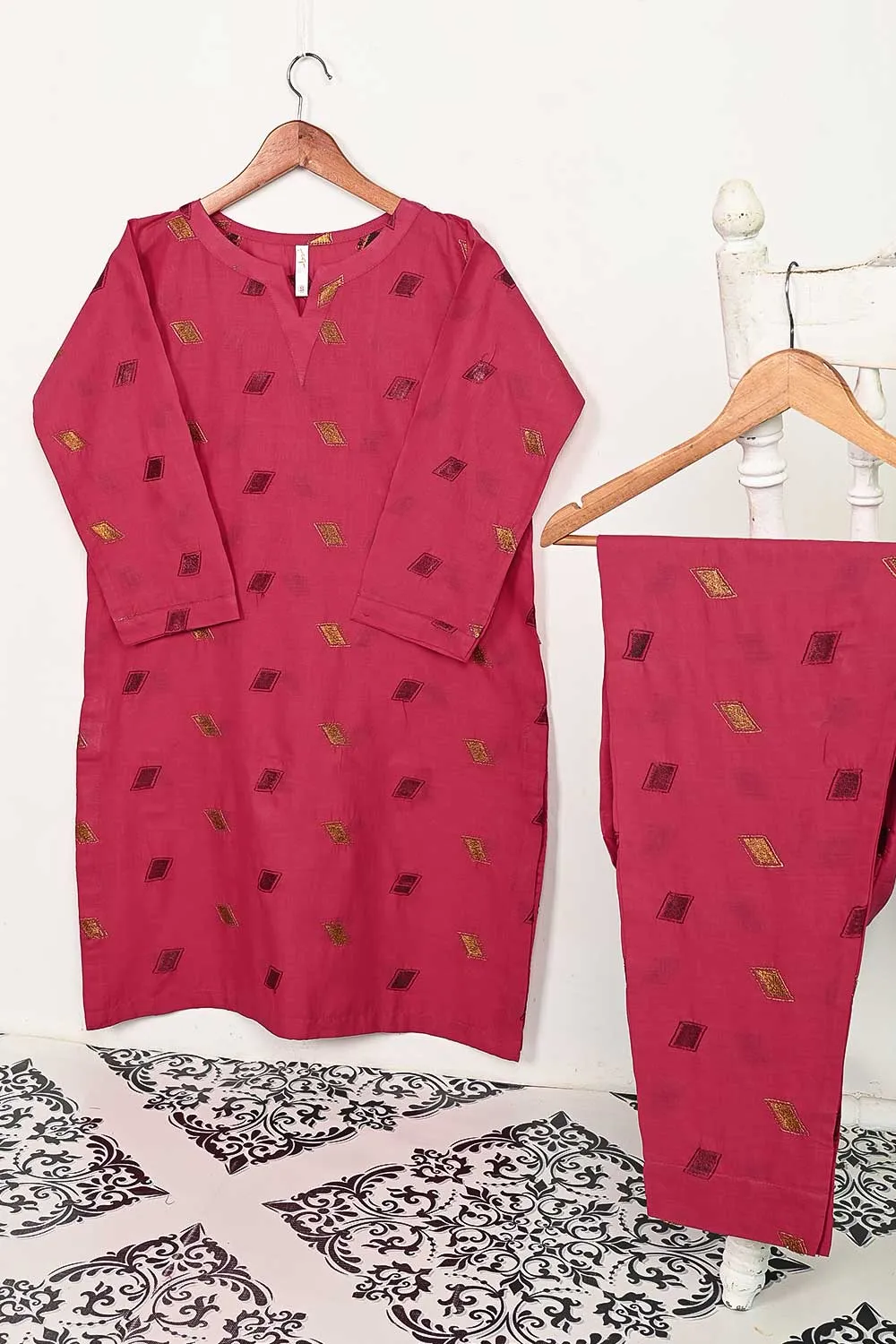 STP-144B-Fuchsia - 2PC COTTON EMBROIDERED STITCHED