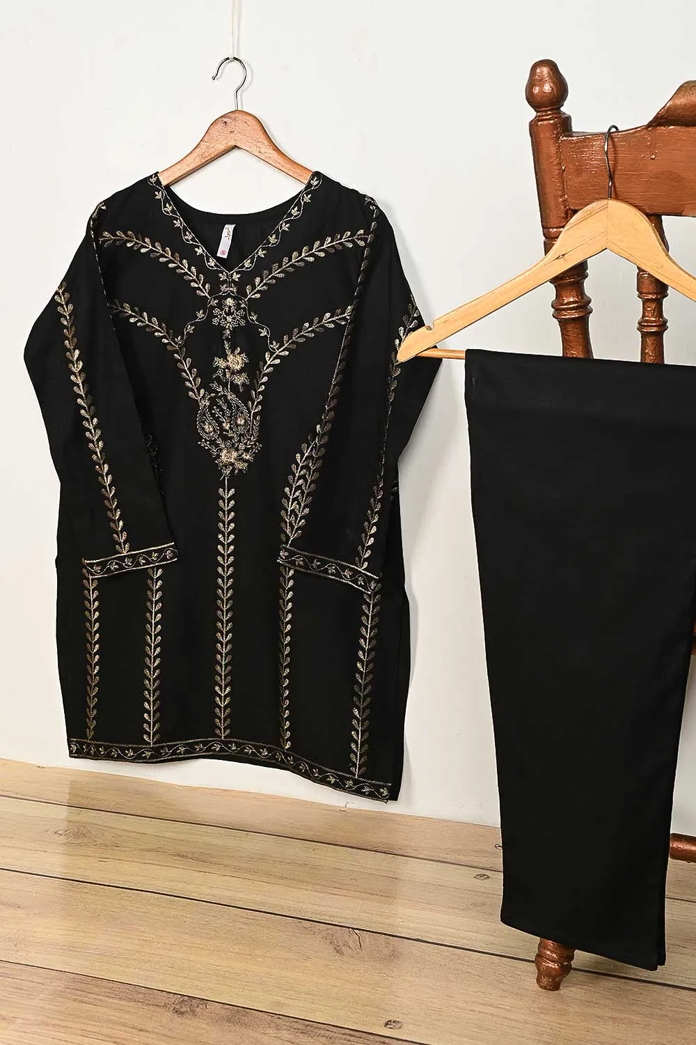 STP-149B-Black - 2PC COTTON EMBROIDERED STITCHED