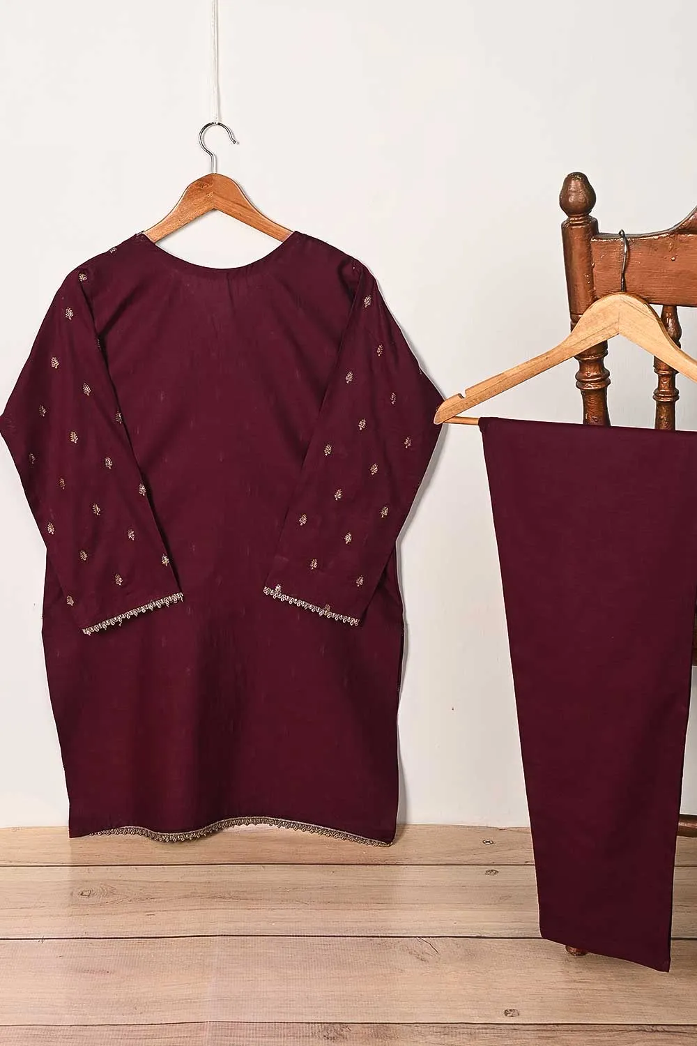 STP-165B-Maroon - 2PC COTTON EMBROIDERED STITCHED