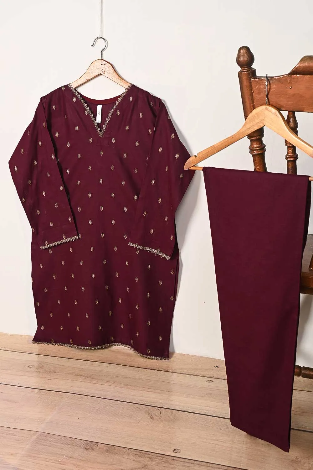 STP-165B-Maroon - 2PC COTTON EMBROIDERED STITCHED