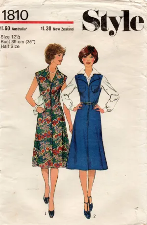 Style 1810 Womens Half Sized Zip Front Dress or Pinafore 1970s Vintage Sewing Pattern Bust 35 inches