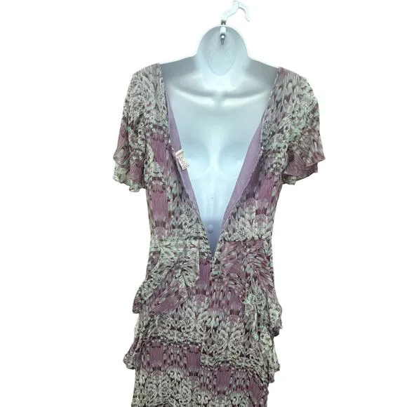 Sundance Purple Watercolor SILK Flight of Fancy Ruffles Short Sleeve Dress Sz 6
