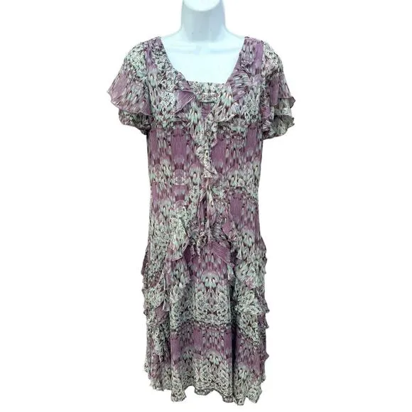 Sundance Purple Watercolor SILK Flight of Fancy Ruffles Short Sleeve Dress Sz 6