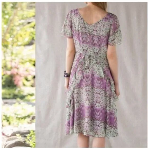 Sundance Purple Watercolor SILK Flight of Fancy Ruffles Short Sleeve Dress Sz 6