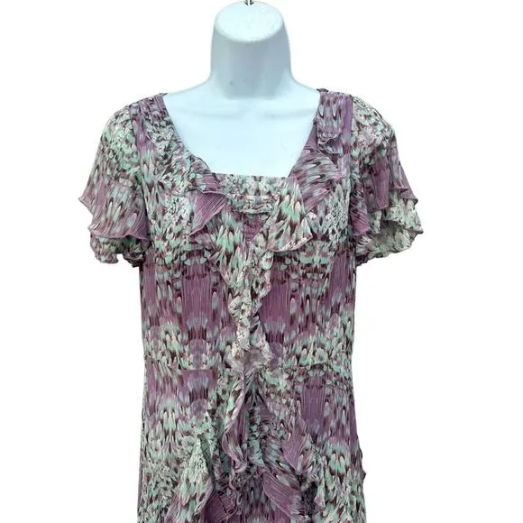 Sundance Purple Watercolor SILK Flight of Fancy Ruffles Short Sleeve Dress Sz 6