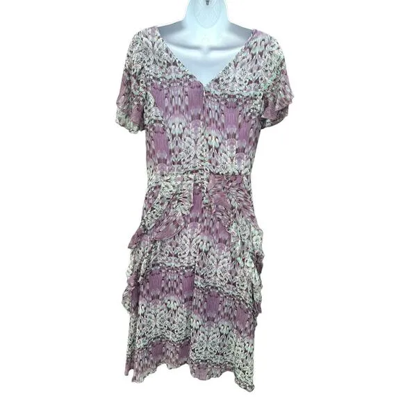Sundance Purple Watercolor SILK Flight of Fancy Ruffles Short Sleeve Dress Sz 6