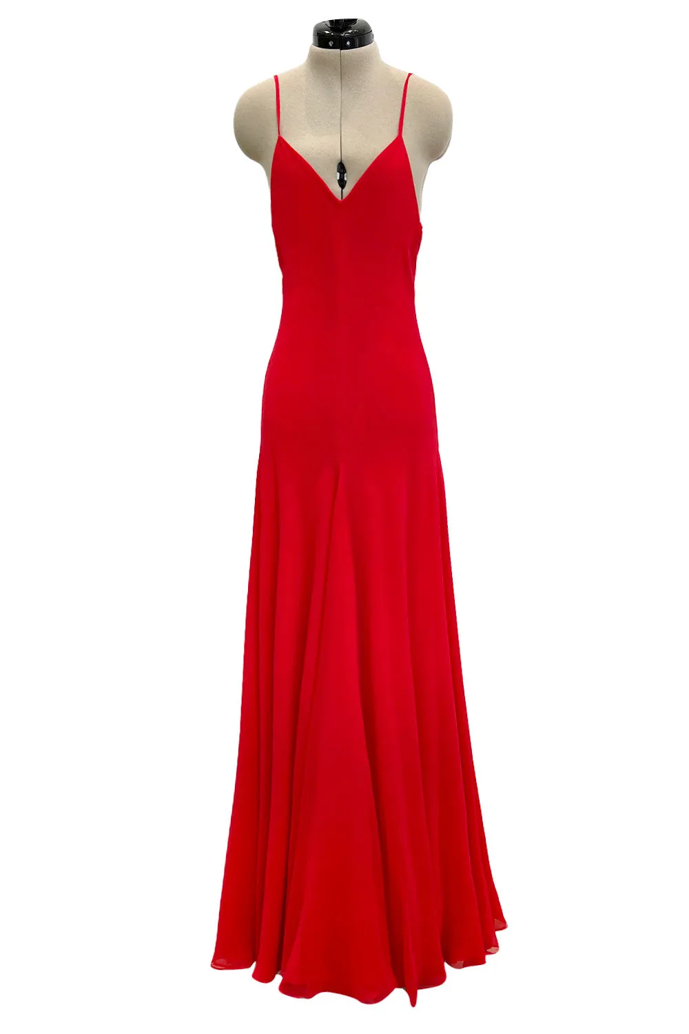 Superb Spring 1977 Halston Runway Bias Cut red Silk Chiffon Dress w Original Cape Shawl
