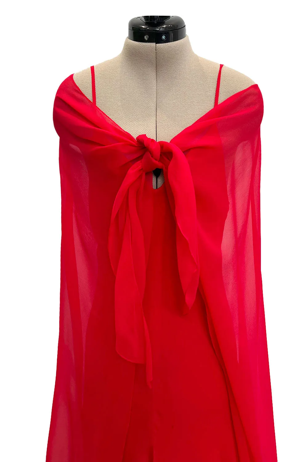 Superb Spring 1977 Halston Runway Bias Cut red Silk Chiffon Dress w Original Cape Shawl