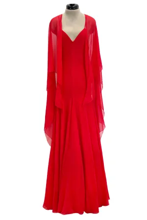 Superb Spring 1977 Halston Runway Bias Cut red Silk Chiffon Dress w Original Cape Shawl