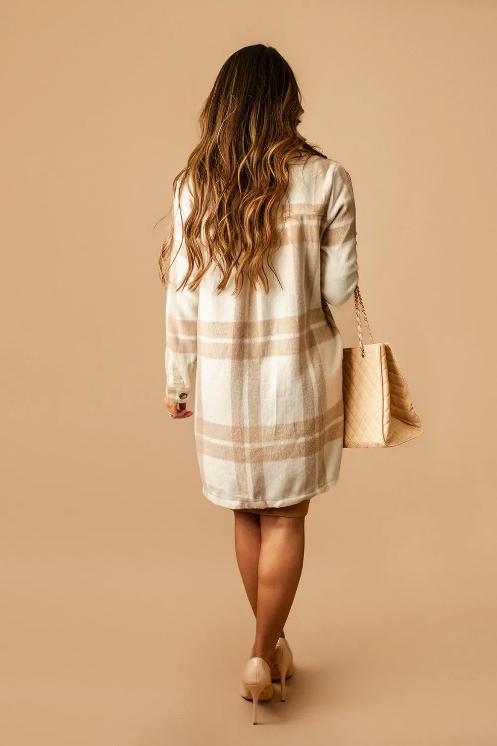 The Places We'll Go Long Plaid Shacket (White   Taupe)