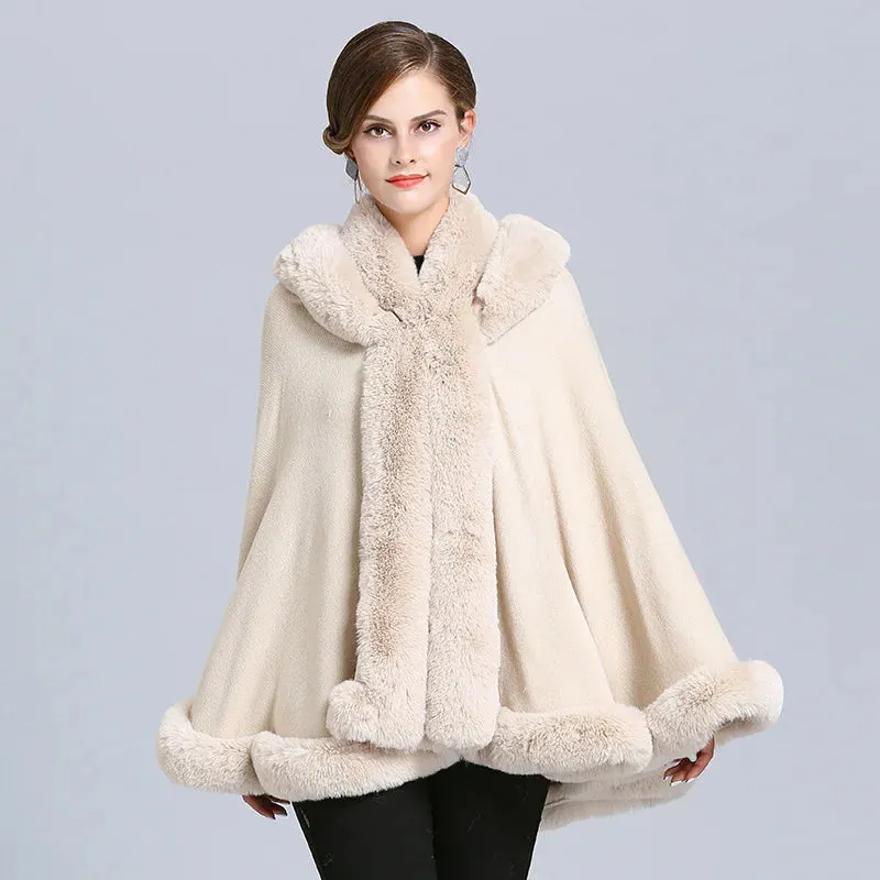 Thick Winter Warm Fur Hooded Shawl Coat For Women Poncho Cape Faux Fur Collar Knitted Cloak Loose Shawl Coat With Hood