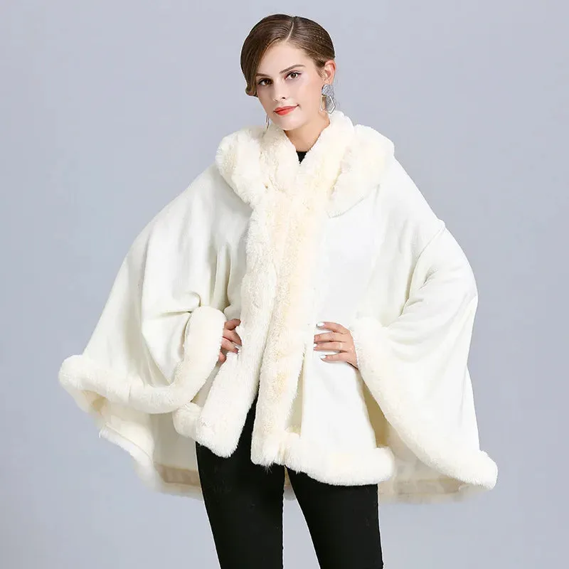 Thick Winter Warm Fur Hooded Shawl Coat For Women Poncho Cape Faux Fur Collar Knitted Cloak Loose Shawl Coat With Hood