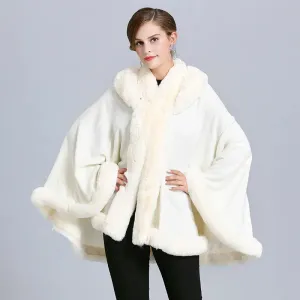 Thick Winter Warm Fur Hooded Shawl Coat For Women Poncho Cape Faux Fur Collar Knitted Cloak Loose Shawl Coat With Hood