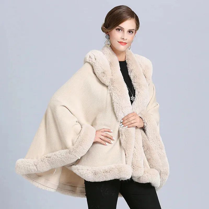 Thick Winter Warm Fur Hooded Shawl Coat For Women Poncho Cape Faux Fur Collar Knitted Cloak Loose Shawl Coat With Hood