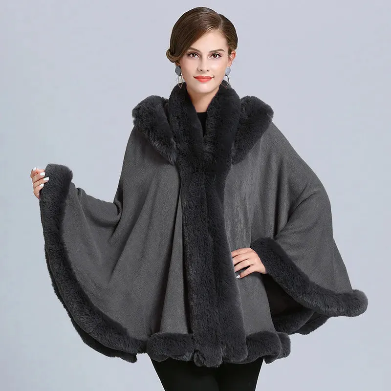 Thick Winter Warm Fur Hooded Shawl Coat For Women Poncho Cape Faux Fur Collar Knitted Cloak Loose Shawl Coat With Hood