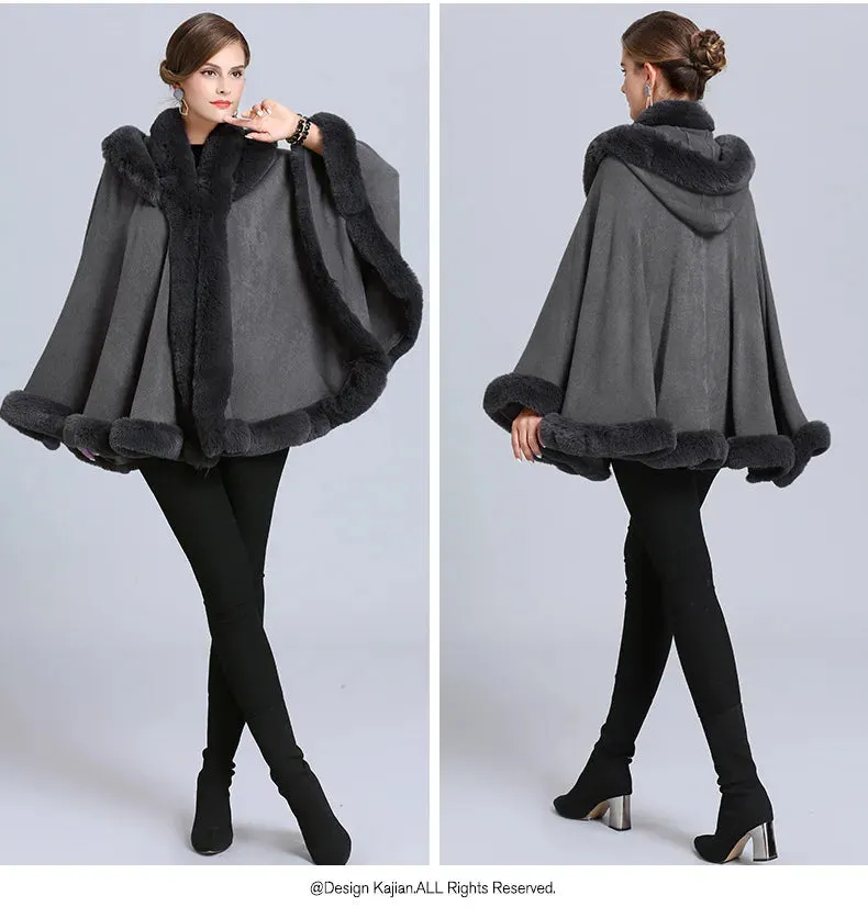 Thick Winter Warm Fur Hooded Shawl Coat For Women Poncho Cape Faux Fur Collar Knitted Cloak Loose Shawl Coat With Hood
