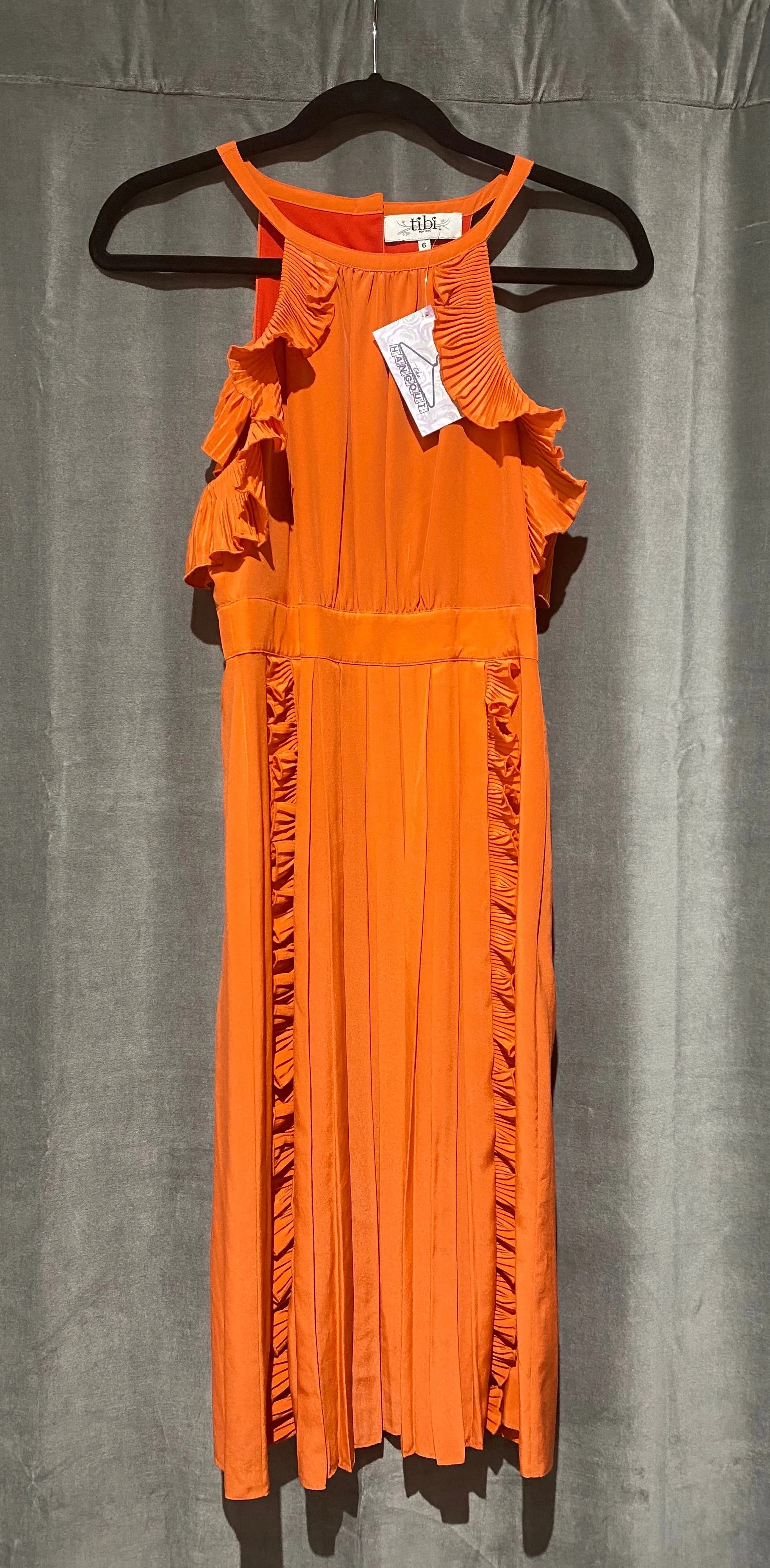 Tibi Orange Silk Halter Neck Ruffle Pleated Dress
