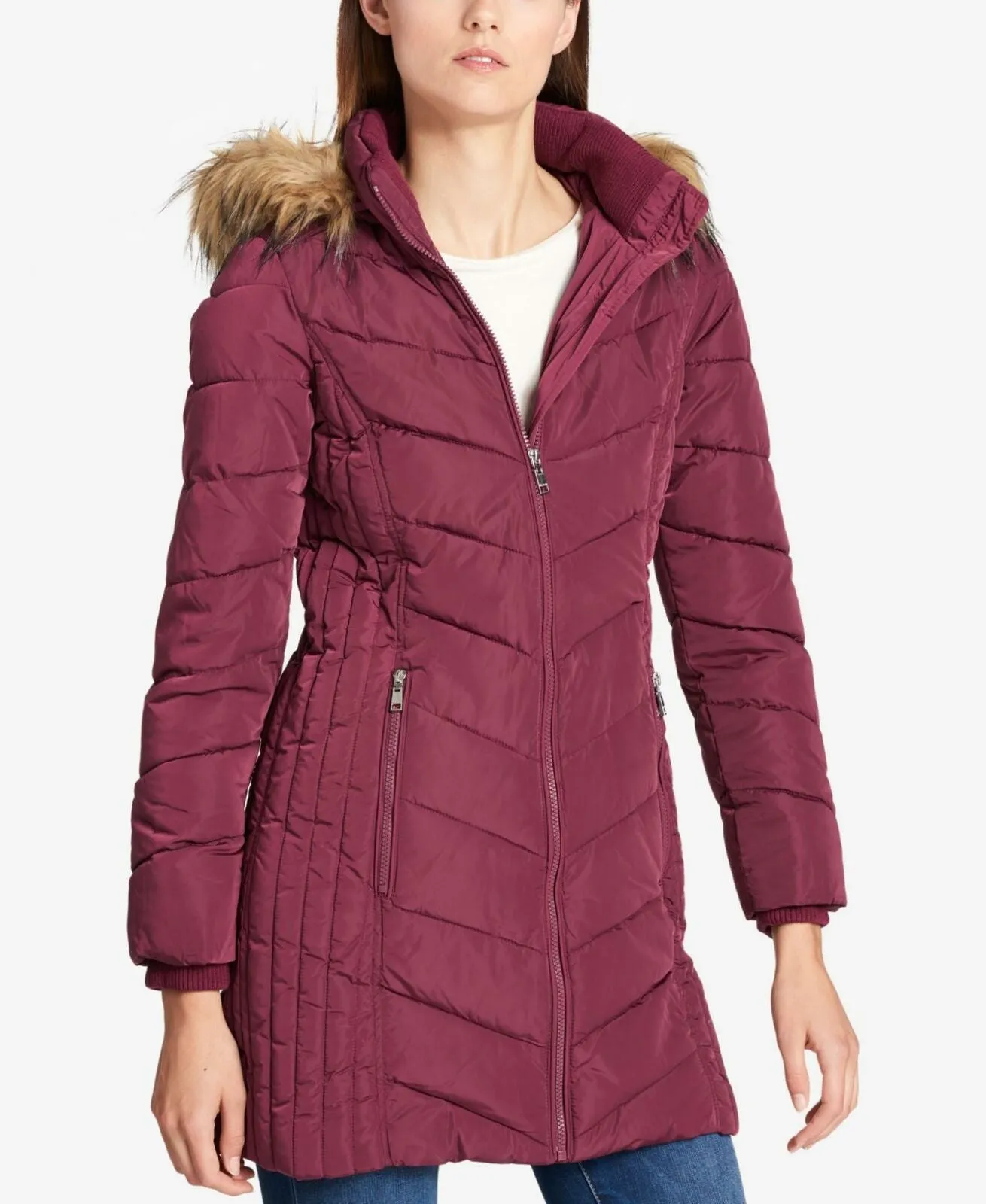 Tommy Hilfiger Women's Faux Fur Trim Hooded Chevron Puffer Coat Aubergine Large