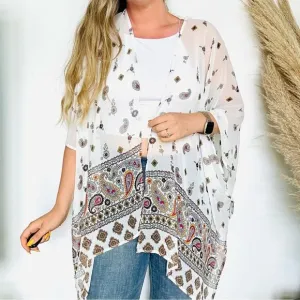 UO ECOTE White Sheer Paisley Beige Print Oversized Kimono Shawl Sweater Top
