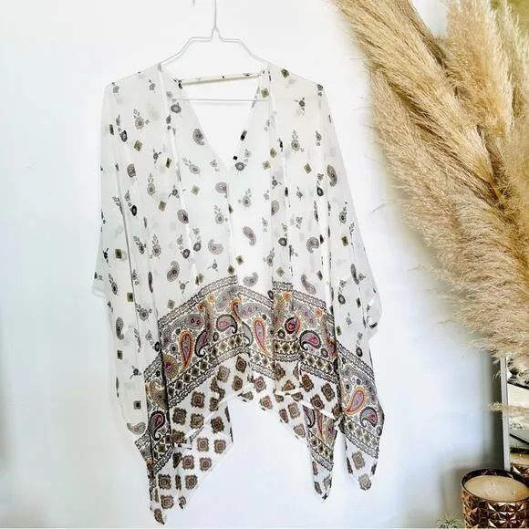 UO ECOTE White Sheer Paisley Beige Print Oversized Kimono Shawl Sweater Top