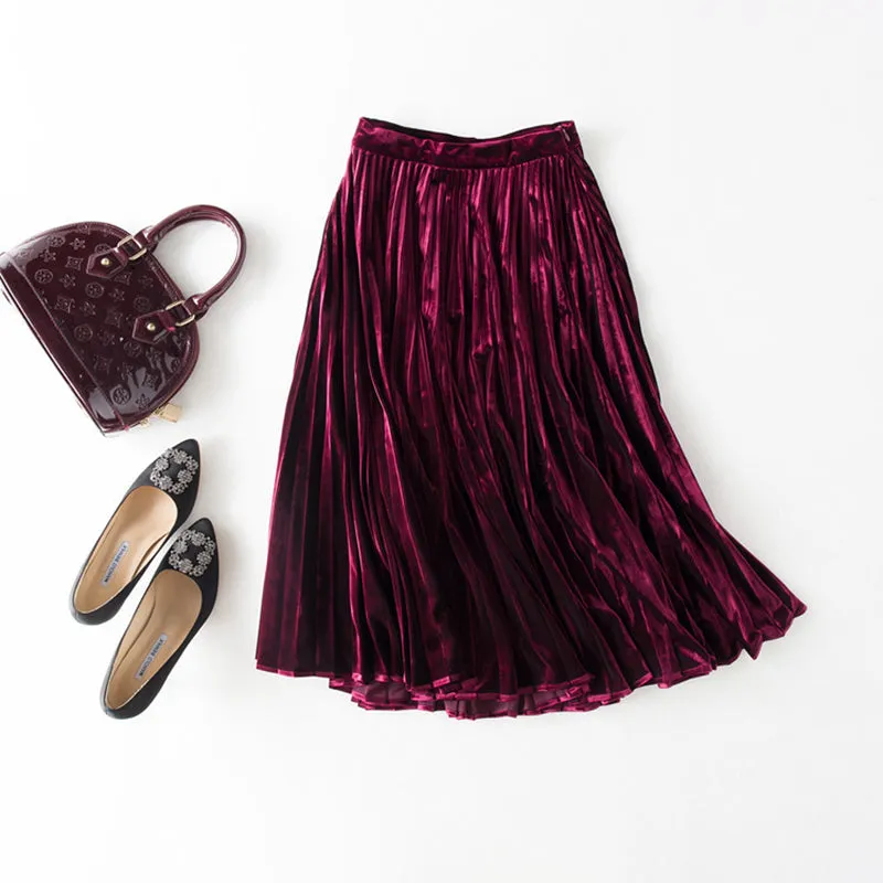 Velvet Pleated Skirt Women 95% Cotton Blended Fabric Elegant Style Classic Design 3 Colors High Quality Skirts