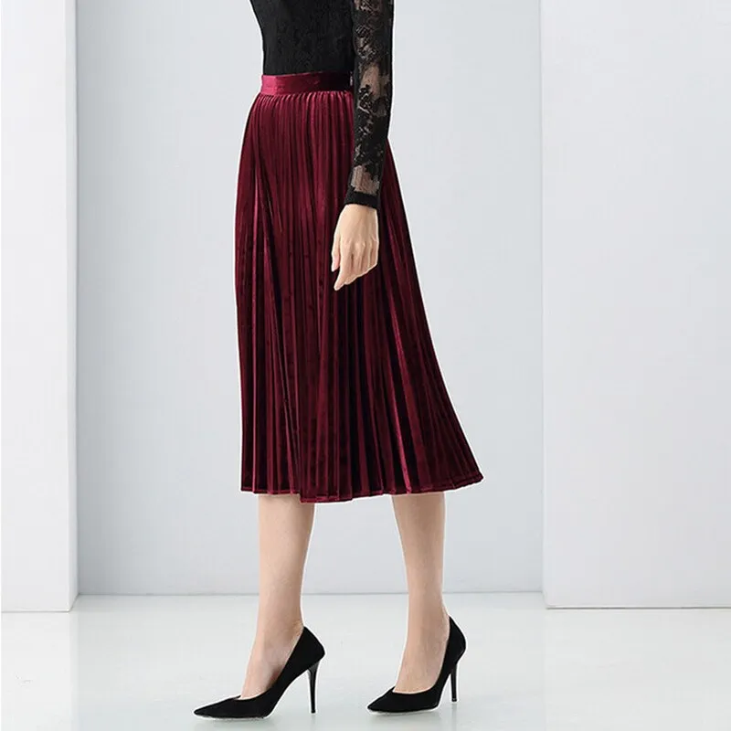 Velvet Pleated Skirt Women 95% Cotton Blended Fabric Elegant Style Classic Design 3 Colors High Quality Skirts