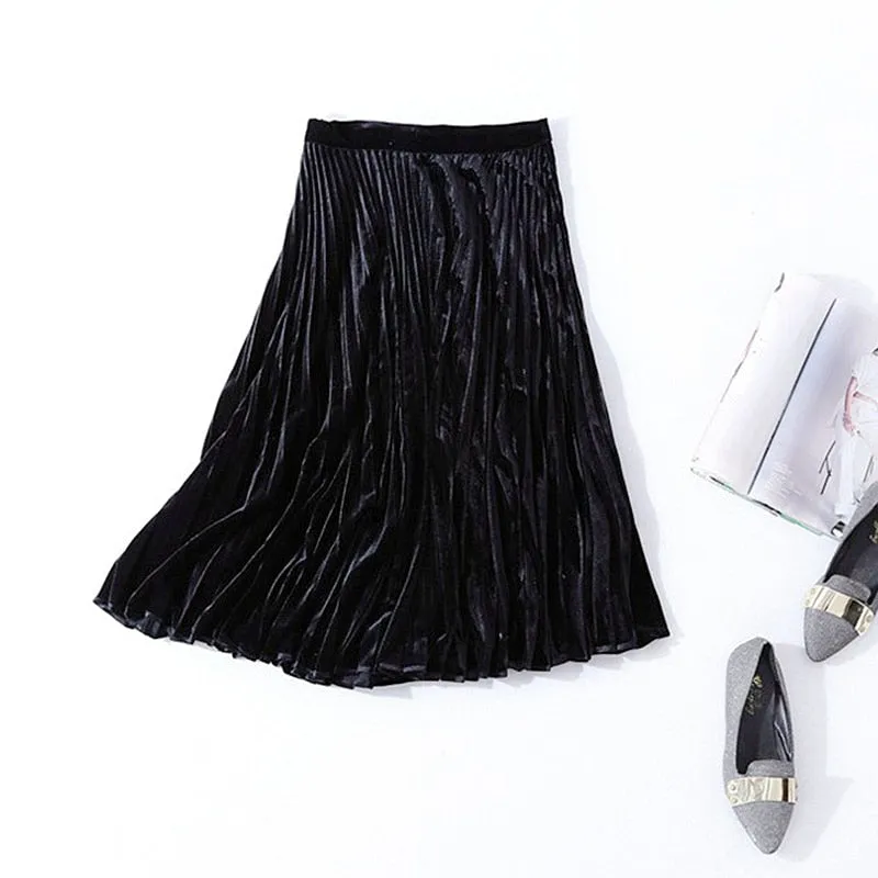 Velvet Pleated Skirt Women 95% Cotton Blended Fabric Elegant Style Classic Design 3 Colors High Quality Skirts