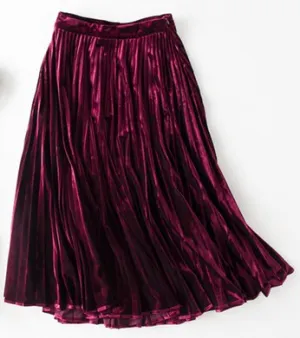 Velvet Pleated Skirt Women 95% Cotton Blended Fabric Elegant Style Classic Design 3 Colors High Quality Skirts