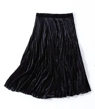 Velvet Pleated Skirt Women 95% Cotton Blended Fabric Elegant Style Classic Design 3 Colors High Quality Skirts
