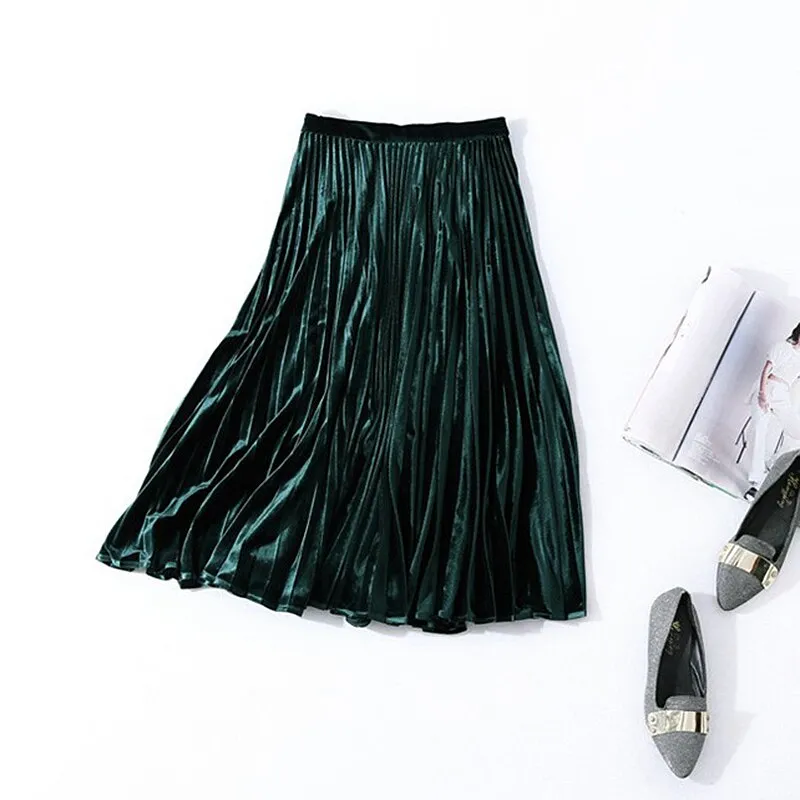 Velvet Pleated Skirt Women 95% Cotton Blended Fabric Elegant Style Classic Design 3 Colors High Quality Skirts