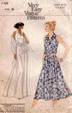 Very Easy Vogue 7108 Womens Halter Dress & Stole 1970s Vintage Sewing Pattern Size 8 & 10
