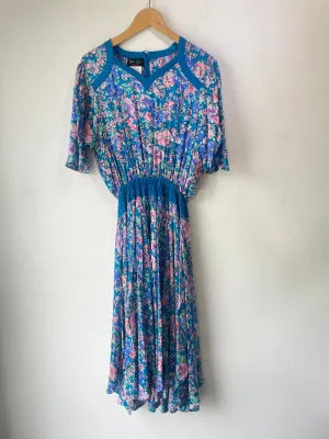 Vintage Diane Freis Teal Blue Multi Silk Dress