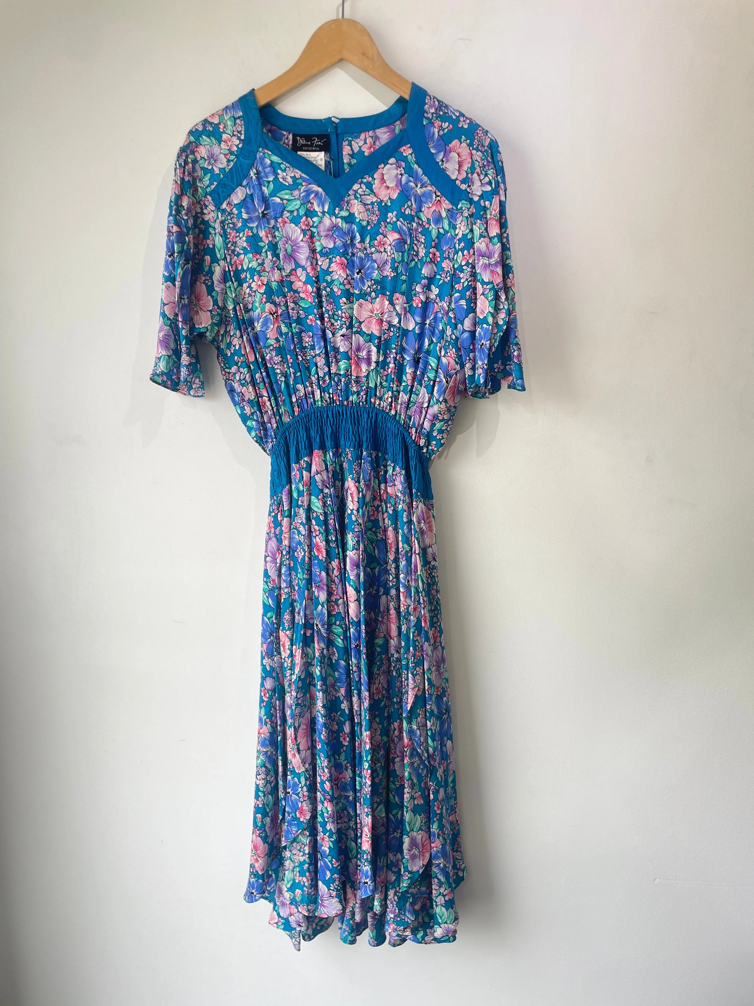 Vintage Diane Freis Teal Blue Multi Silk Dress