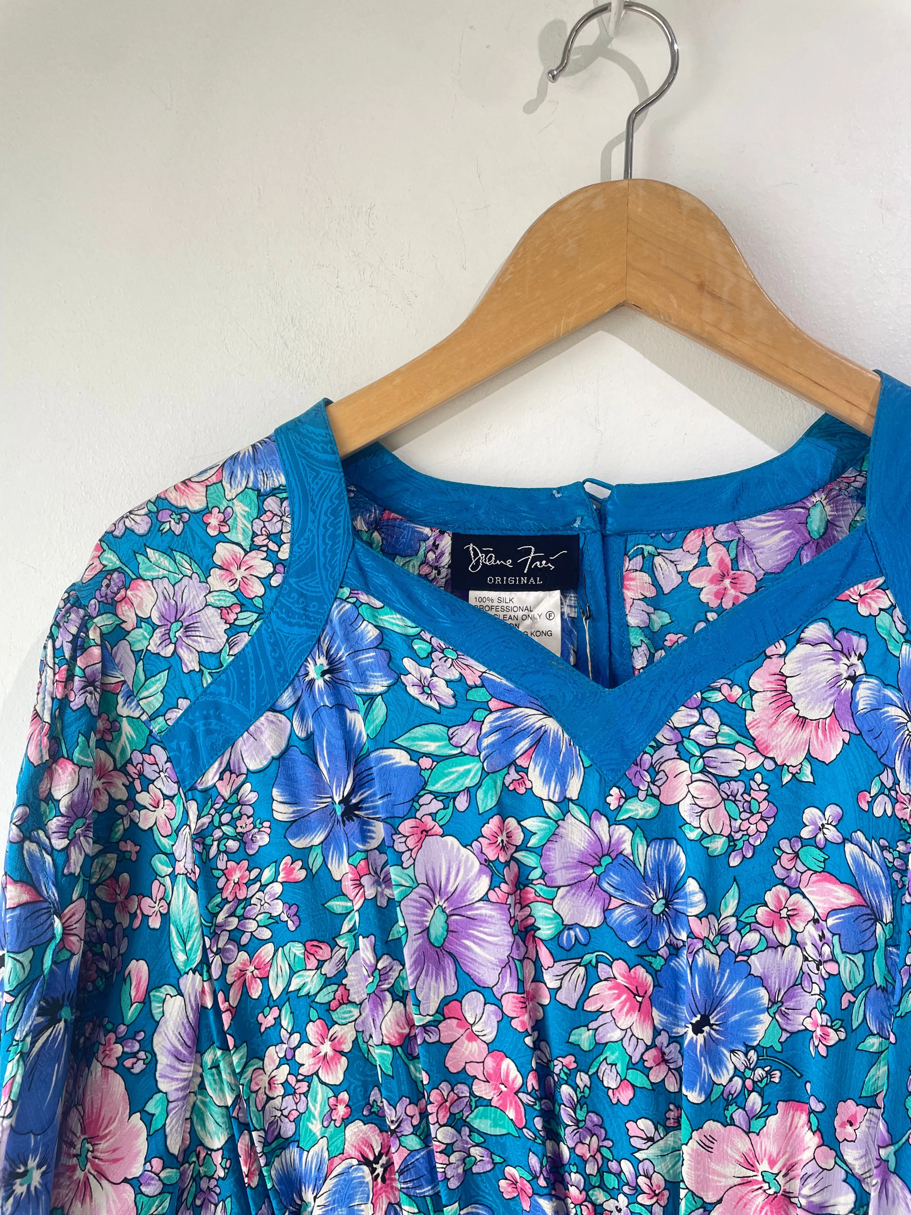 Vintage Diane Freis Teal Blue Multi Silk Dress