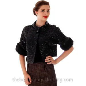 VTG Black Sequin Short Sleeve Shrug Evening Jacket Mink Fur Trimmed 1950s Medium