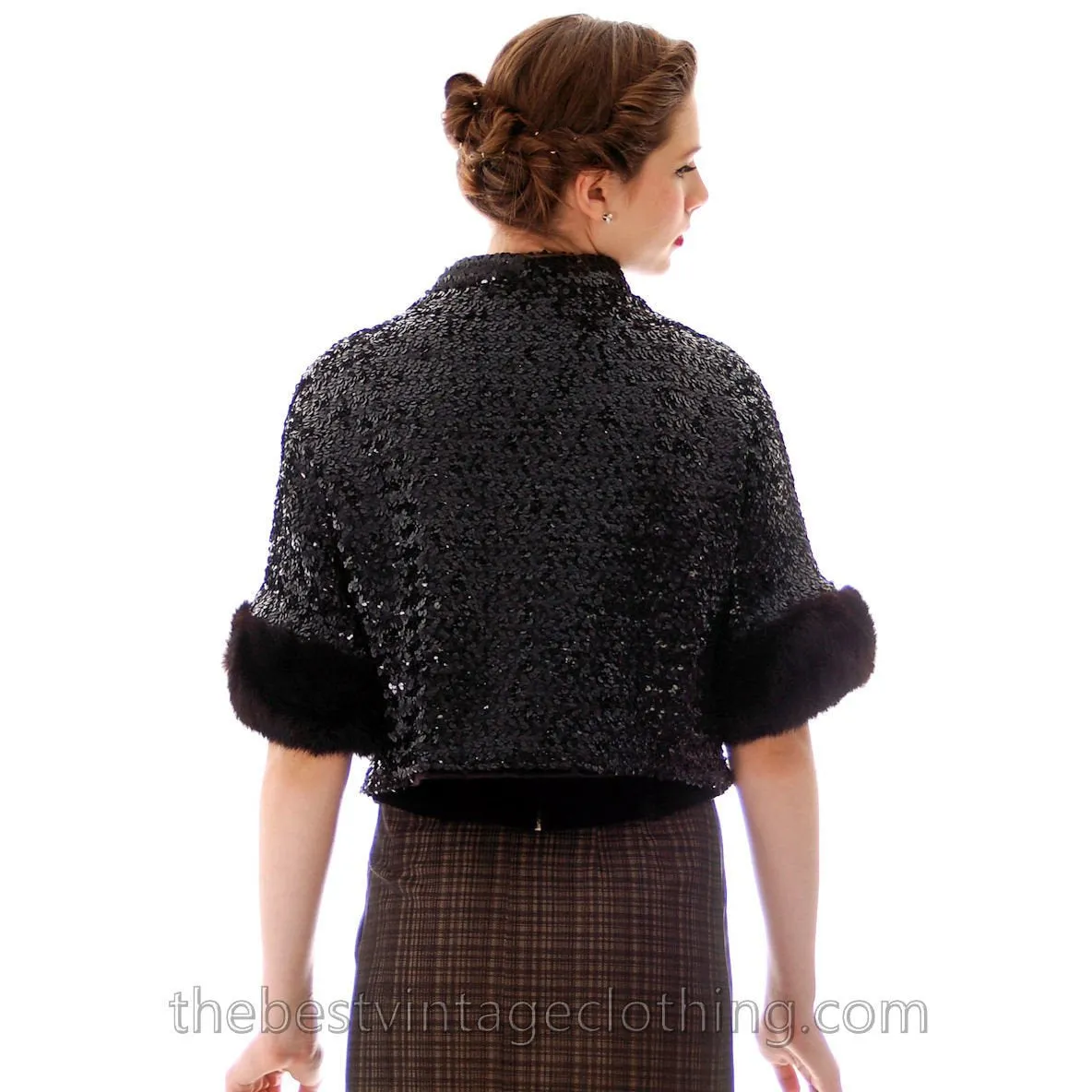 VTG Black Sequin Short Sleeve Shrug Evening Jacket Mink Fur Trimmed 1950s Medium