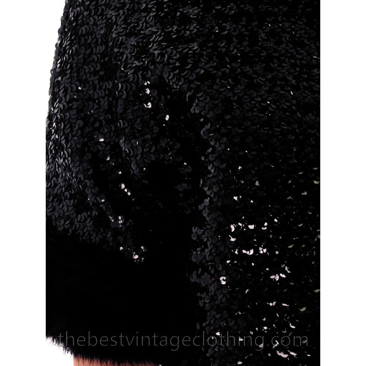 VTG Black Sequin Short Sleeve Shrug Evening Jacket Mink Fur Trimmed 1950s Medium