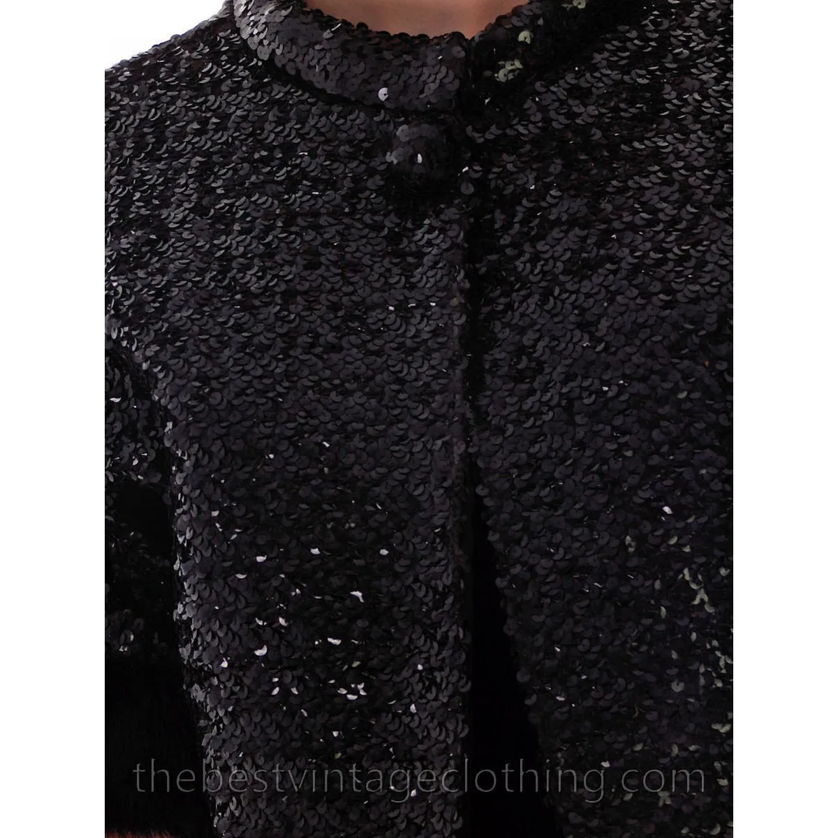VTG Black Sequin Short Sleeve Shrug Evening Jacket Mink Fur Trimmed 1950s Medium