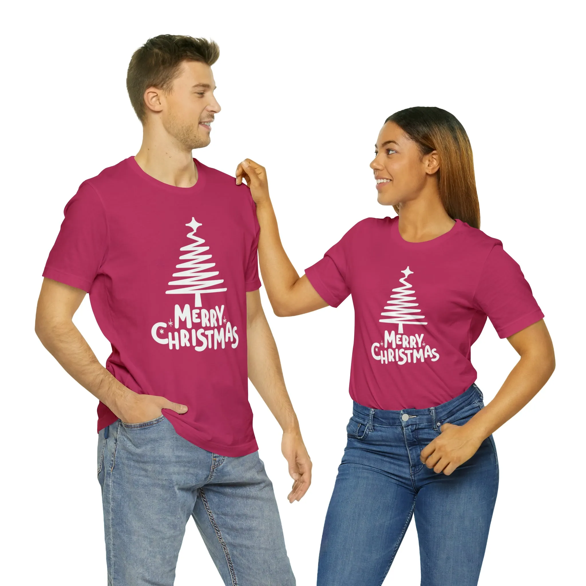 White Merry Christmas Tree T-Shirt | Christmas Holiday Tee |  Bella Canvas 3001Unisex | Happy Holidays Party Short Sleeve Tshirt