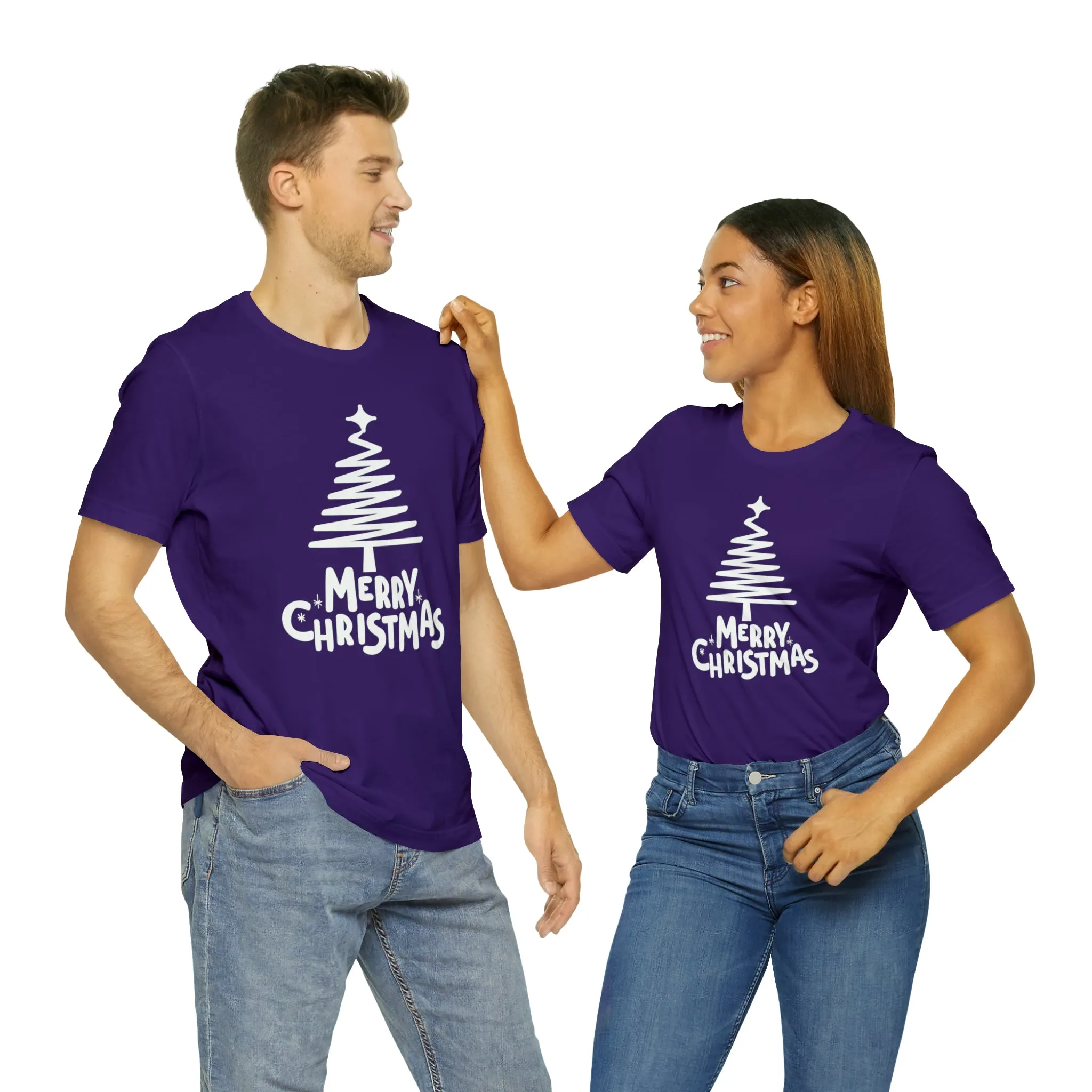 White Merry Christmas Tree T-Shirt | Christmas Holiday Tee |  Bella Canvas 3001Unisex | Happy Holidays Party Short Sleeve Tshirt