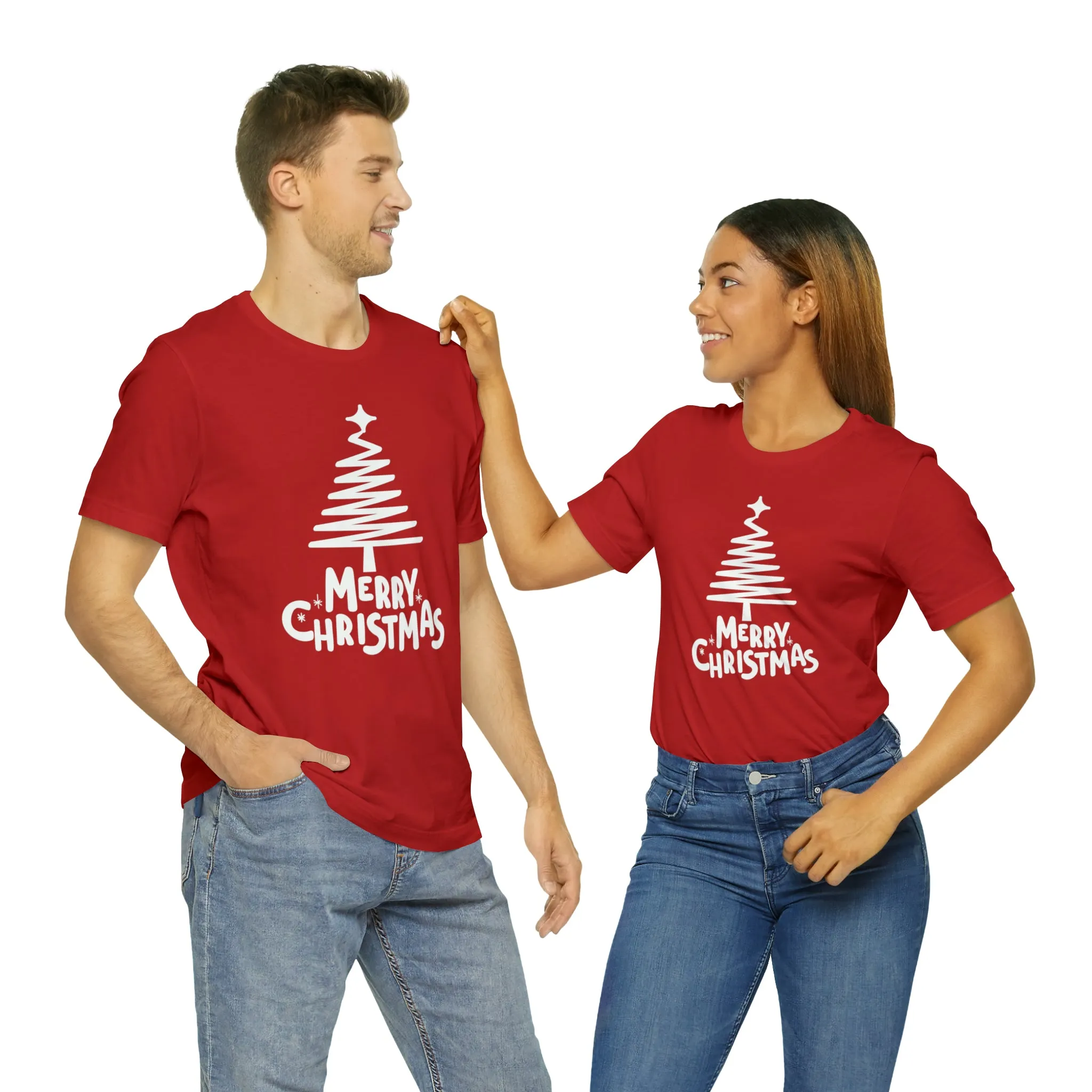 White Merry Christmas Tree T-Shirt | Christmas Holiday Tee |  Bella Canvas 3001Unisex | Happy Holidays Party Short Sleeve Tshirt