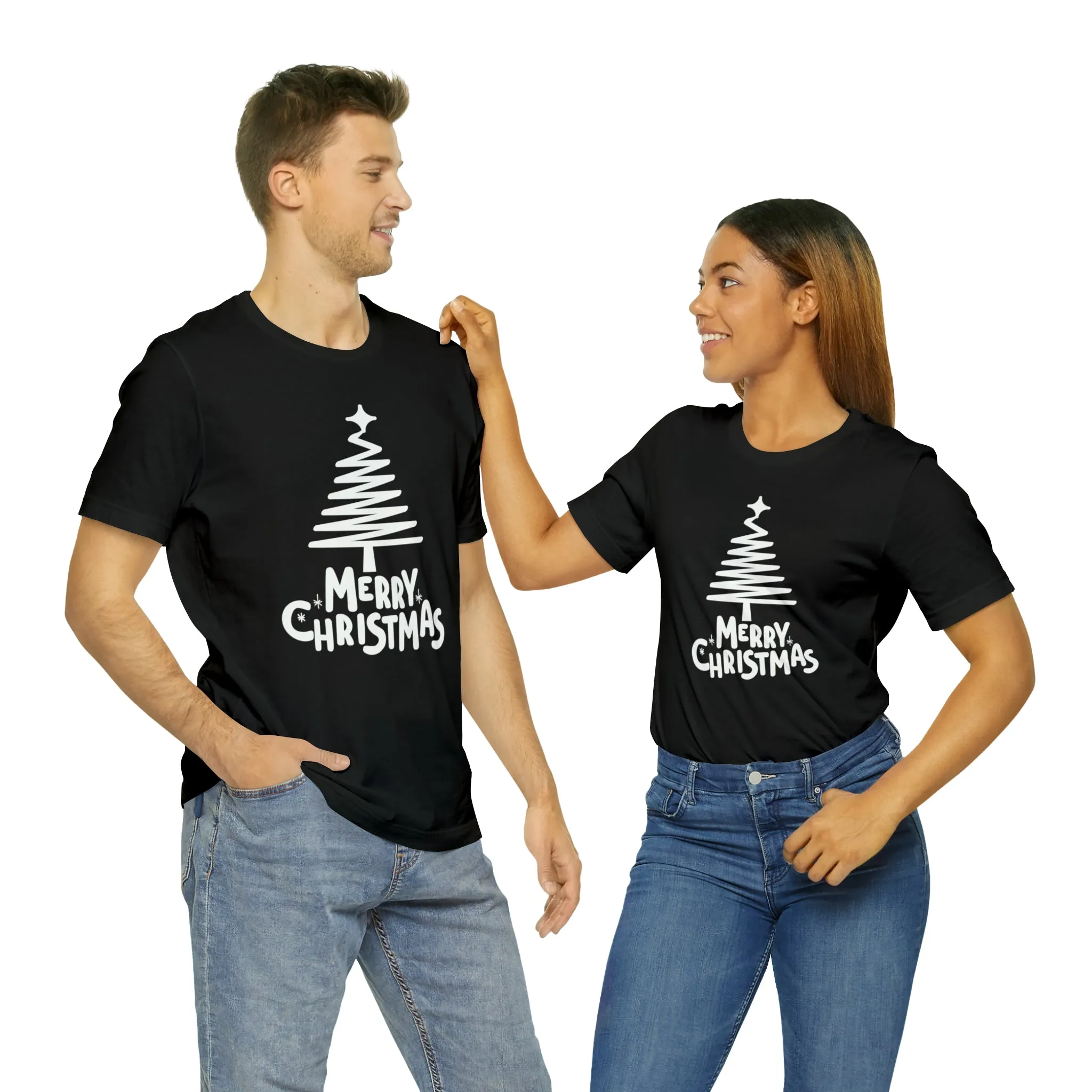 White Merry Christmas Tree T-Shirt | Christmas Holiday Tee |  Bella Canvas 3001Unisex | Happy Holidays Party Short Sleeve Tshirt