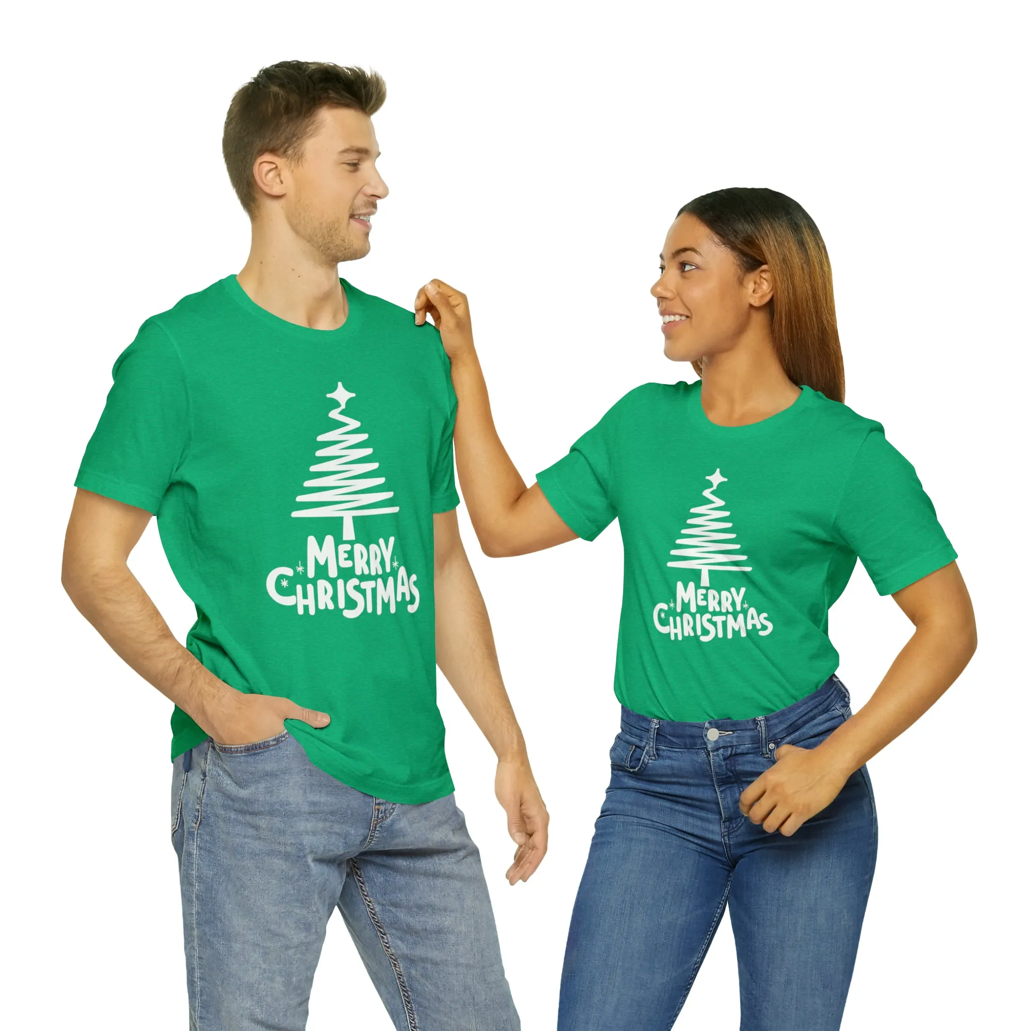 White Merry Christmas Tree T-Shirt | Christmas Holiday Tee |  Bella Canvas 3001Unisex | Happy Holidays Party Short Sleeve Tshirt