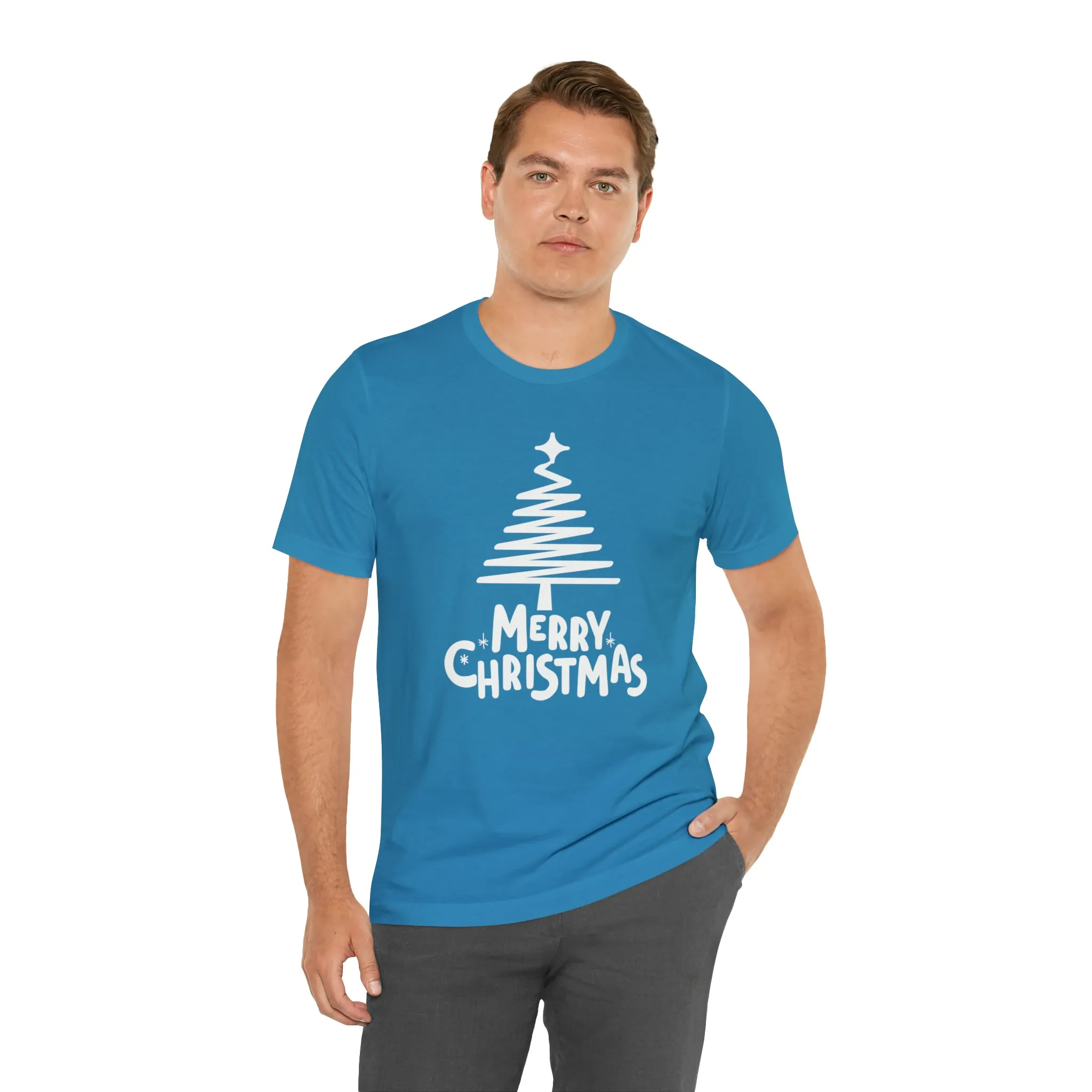 White Merry Christmas Tree T-Shirt | Christmas Holiday Tee |  Bella Canvas 3001Unisex | Happy Holidays Party Short Sleeve Tshirt